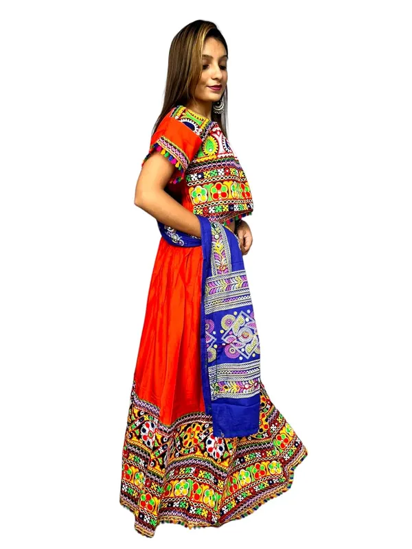 Red_Premium_Plain_Handicraft_Traditional_Chaniya_Choli_Cotton_Umbrella_Style_With_Embroidery_Heavy_Kutchi_Work_For_Women_&_Girls