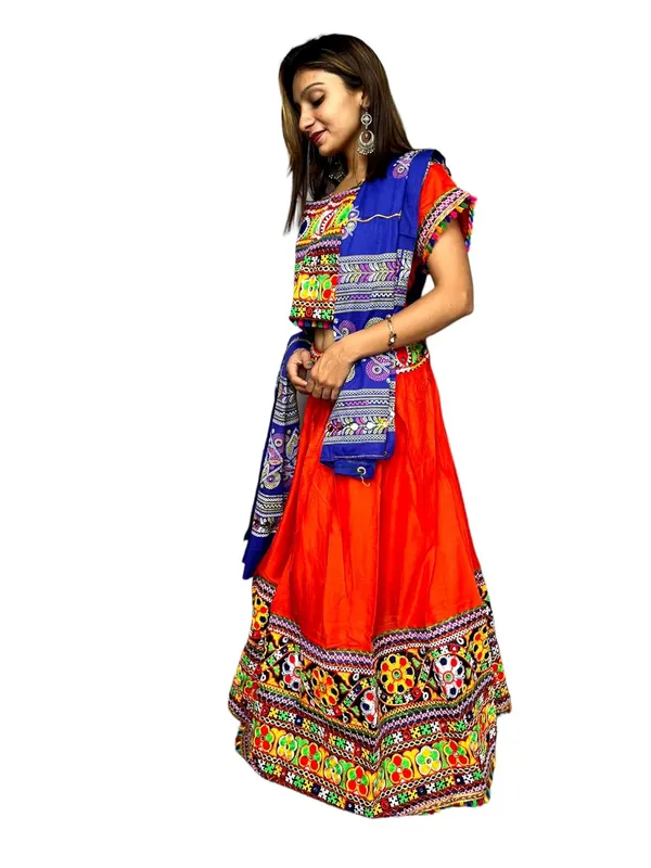 Red_Premium_Plain_Handicraft_Traditional_Chaniya_Choli_Cotton_Umbrella_Style_With_Embroidery_Heavy_Kutchi_Work_For_Women_&_Girls