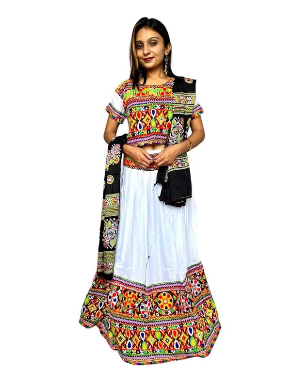 White_Premium_Plain_Handicraft_Traditional_Chaniya_Choli_Cotton_Umbrella_Style_With_Embroidery_Heavy_Kutchi_Work_For_Women_&_Girls