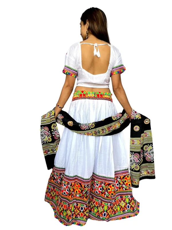 White_Premium_Plain_Handicraft_Traditional_Chaniya_Choli_Cotton_Umbrella_Style_With_Embroidery_Heavy_Kutchi_Work_For_Women_&_Girls