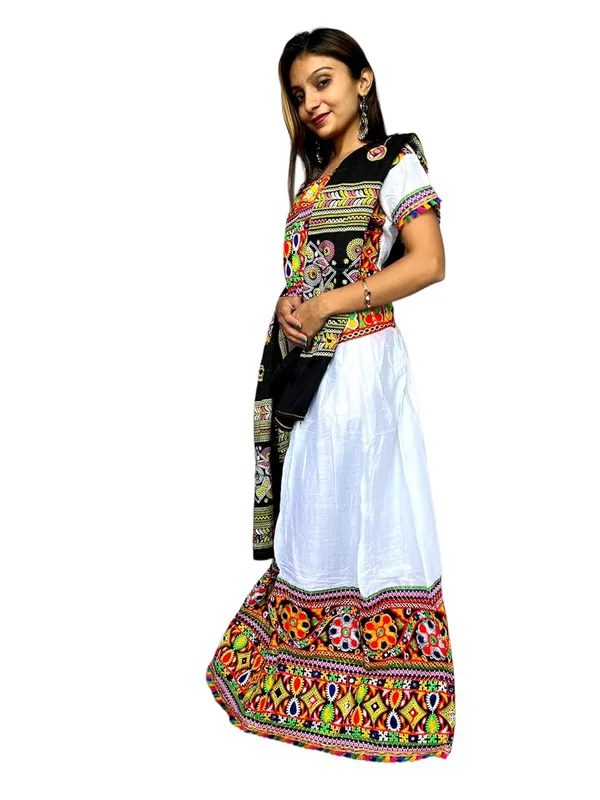 White_Premium_Plain_Handicraft_Traditional_Chaniya_Choli_Cotton_Umbrella_Style_With_Embroidery_Heavy_Kutchi_Work_For_Women_&_Girls
