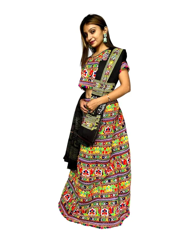 Black_Premium_Handicraft_Traditional_Chaniya_Choli_Cotton_Umbrella_Style_With_Embroidery_Heavy_Kutchi_Work_For_Women_&_Girls