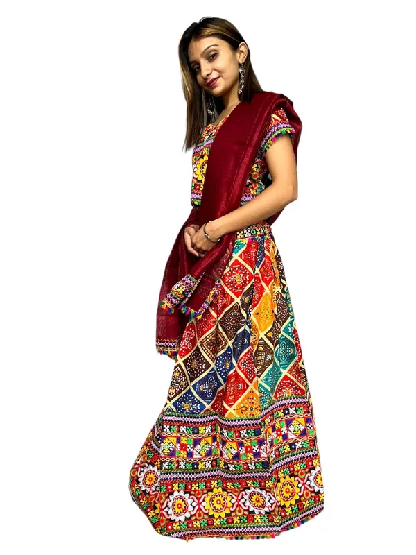Maroon_Premium_Handicraft_Traditional_Chaniya_Choli_Cotton_Umbrella_Style_With_Embroidery_Heavy_Kutchi_Work_For_Women_&_Girls