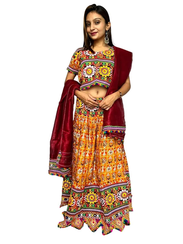 Orange_Premium_Handicraft_Traditional_Chaniya_Choli_Cotton_Umbrella_Style_With_Embroidery_Heavy_Kutchi_Work_For_Women_&_Girls