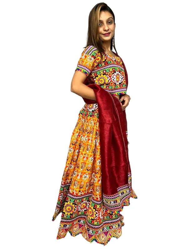 Orange_Premium_Handicraft_Traditional_Chaniya_Choli_Cotton_Umbrella_Style_With_Embroidery_Heavy_Kutchi_Work_For_Women_&_Girls