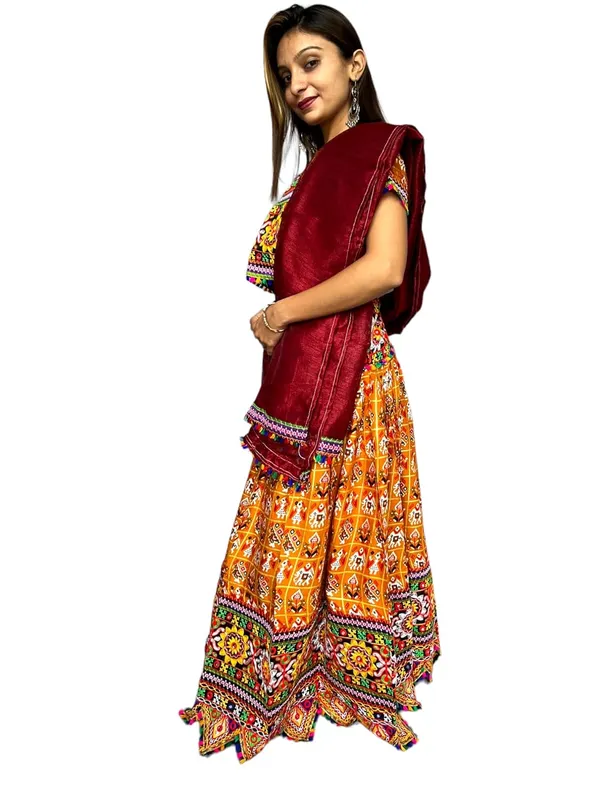Orange_Premium_Handicraft_Traditional_Chaniya_Choli_Cotton_Umbrella_Style_With_Embroidery_Heavy_Kutchi_Work_For_Women_&_Girls