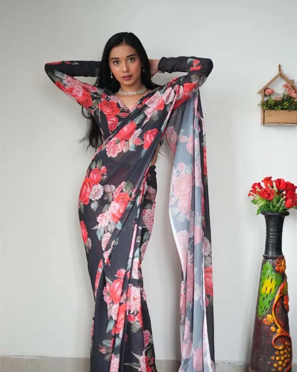 Black_Colour_1-Minute_Ready_To_Wear_Georgette_Saree_With_Blouse_Piece