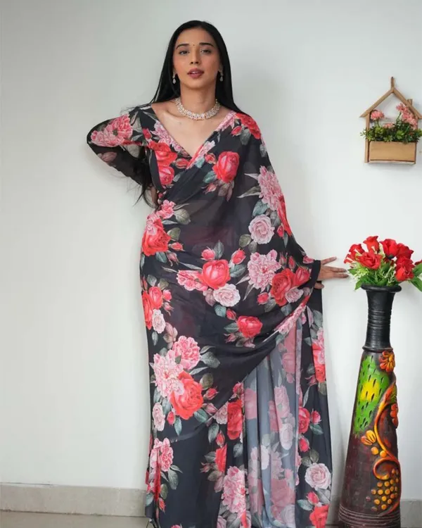 Black_Colour_1-Minute_Ready_To_Wear_Georgette_Saree_With_Blouse_Piece