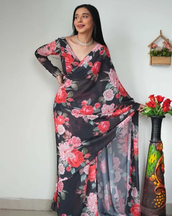 Black_Colour_1-Minute_Ready_To_Wear_Georgette_Saree_With_Blouse_Piece