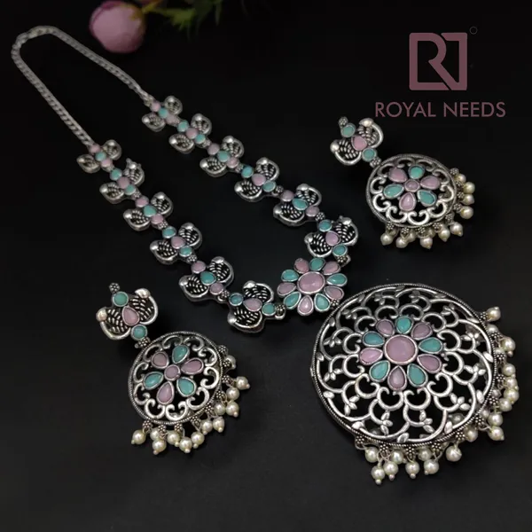Party_wear_stone_studded_oxidized_Necklace_with_Earrings