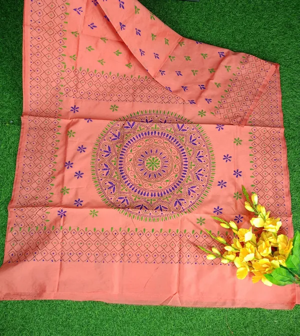 Peach_Art_Silk_Kantha_Stitch_Handloom_Saree_With_Blouse_Piece