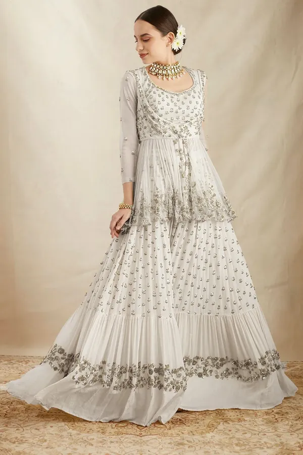 Karm Fashion Pearl White Designer Georgette Paplone Top Sharara Gharara With Dupatta On Thread with Sequence work Price in India Buy Karm Fashion Pearl White Designer Georgette Paplone Top Sharara Gha...