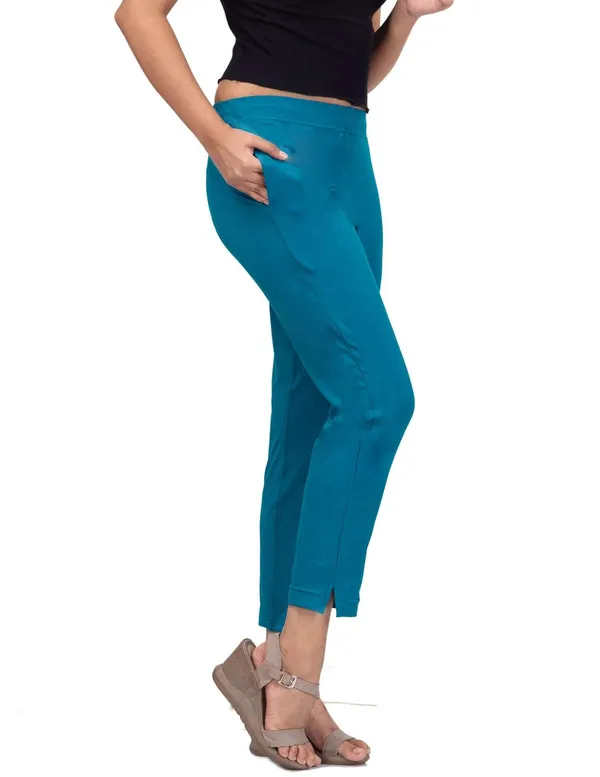 Teal_Blue_Cotton_Lycra_4_Way_Stretchable_Kurti_Pant_(__Pant/Pencil_Pant)_For_Women_With_Side_Pocket