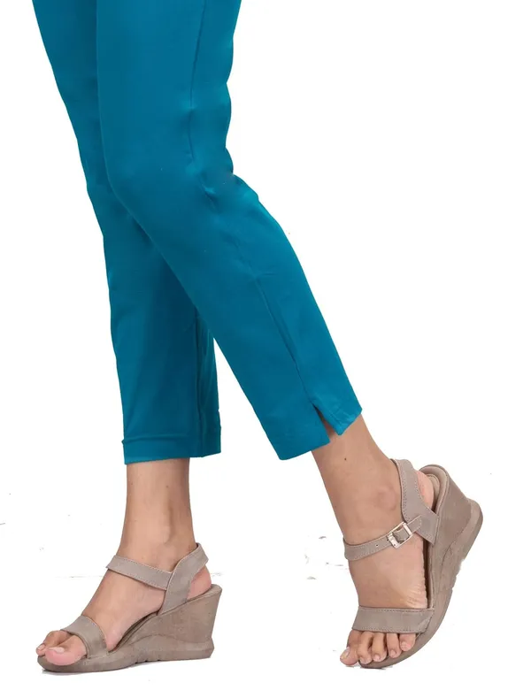 Teal_Blue_Cotton_Lycra_4_Way_Stretchable_Kurti_Pant_(__Pant/Pencil_Pant)_For_Women_With_Side_Pocket