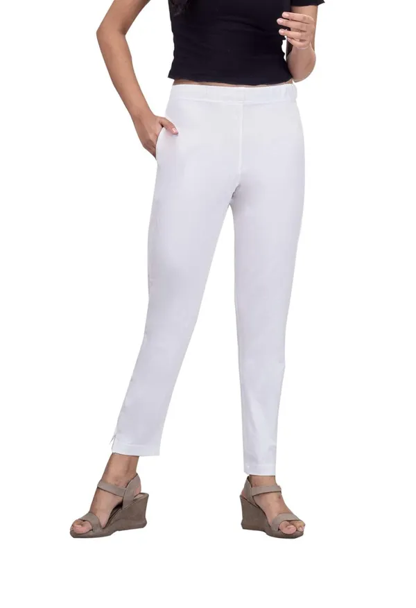 White_Cotton_Lycra_4_Way_Stretchable_Kurti_Pant_(__Pant/Pencil_Pant)_For_Women_With_Side_Pocket