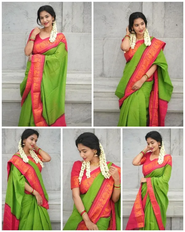 Green_Soft_Lichi_Silk_Saree_With_Unstitched_Blouse_For_Women