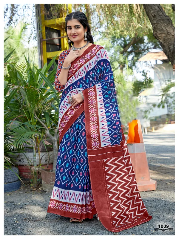 Ikkat_Hand_Block_Print_Print_Pure_Soft_Cotton_saree_With_Blouse_Piece