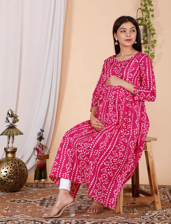 Maternity_Wear_Pink_Bandhej_Nyra_Cut__Kurti