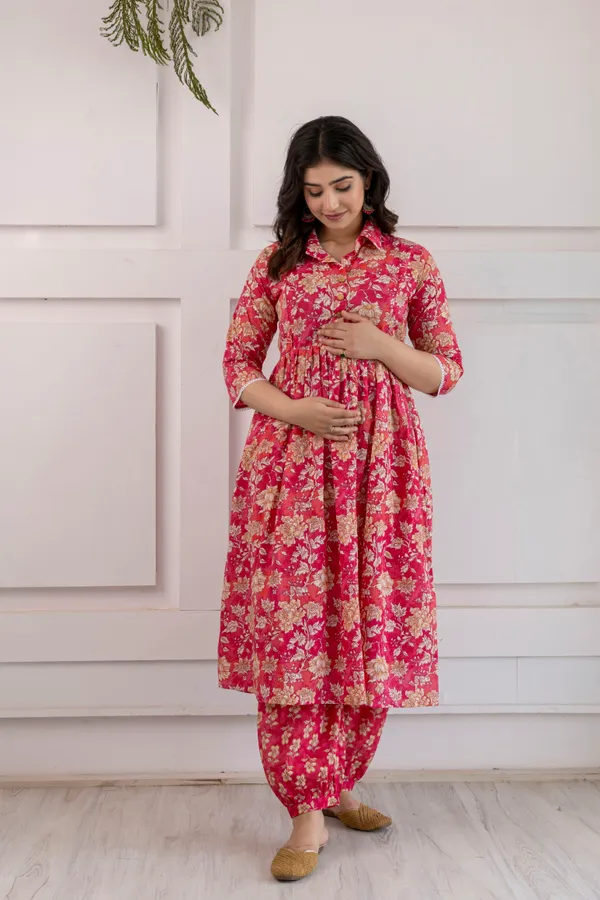 Pink_Floral_Printed_Gathered_Maternity_kurta_set