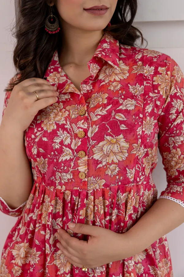 Pink_Floral_Printed_Gathered_Maternity_kurta_set