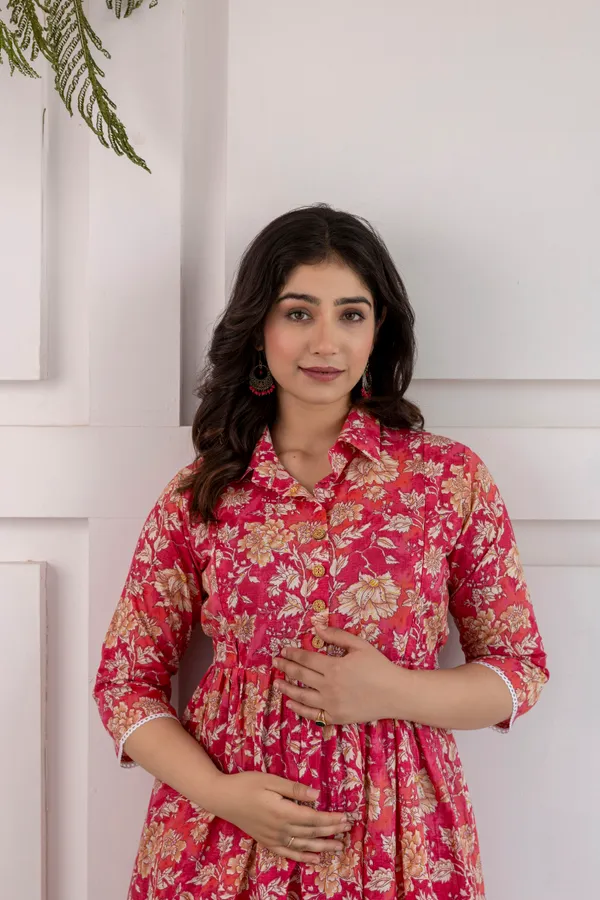 Pink_Floral_Printed_Gathered_Maternity_kurta_set