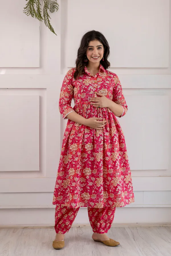 Pink_Floral_Printed_Gathered_Maternity_kurta_set