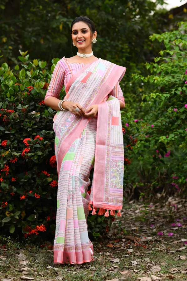 Pink_Soft_Linen_Jamdani_Saree_With_Printed_Zari_Work