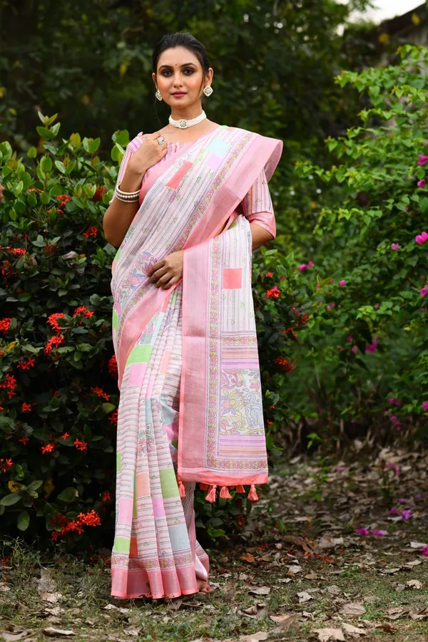 Pink_Soft_Linen_Jamdani_Saree_With_Printed_Zari_Work