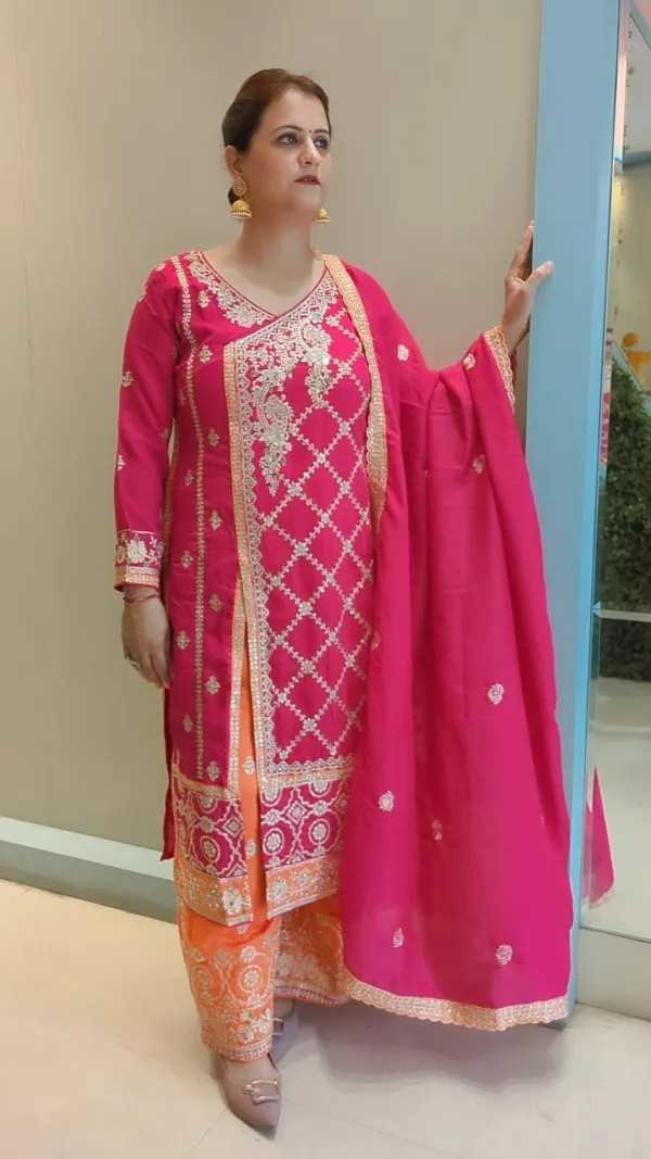 Pink_&_Orange_Chinon_Crepe_Heavy_Party_Wear_Suit__