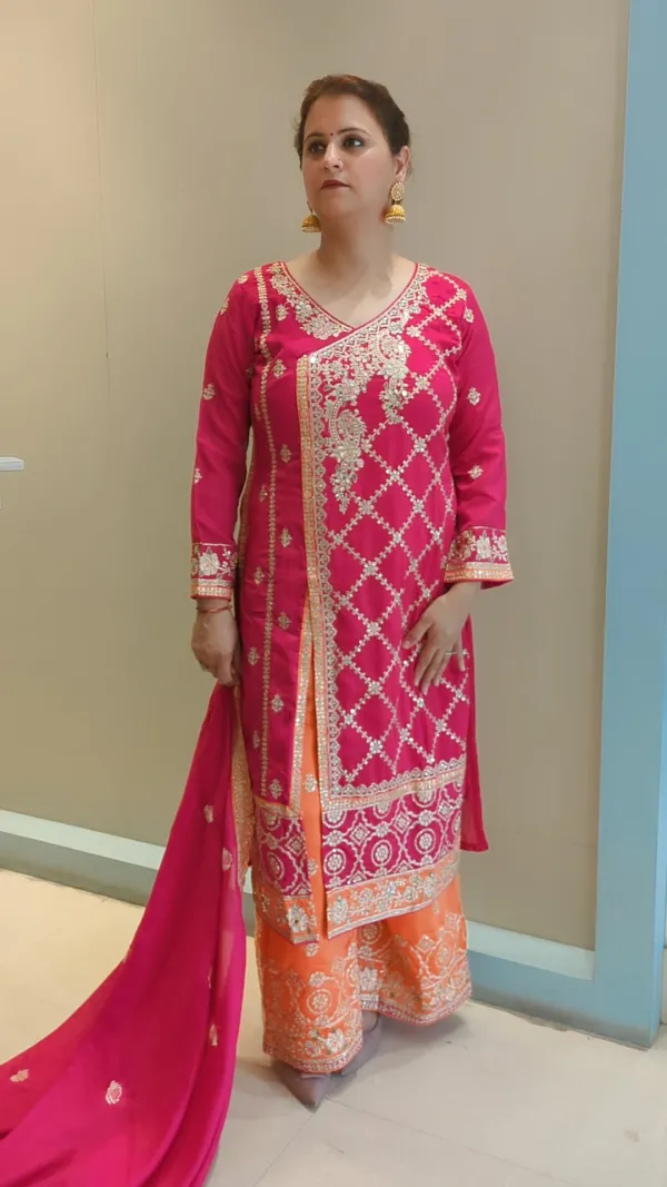 Pink_&_Orange_Chinon_Crepe_Heavy_Party_Wear_Suit__