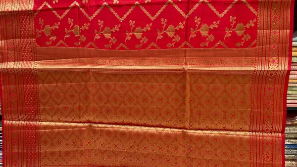 Humairah_Pure_Handwoven_Red_Chiniya_Silk_Zari_Jaal_Zig-Zag_with_Minakari_Zari_Border_Banarasi_Saree_with_Red_Blouse_piece