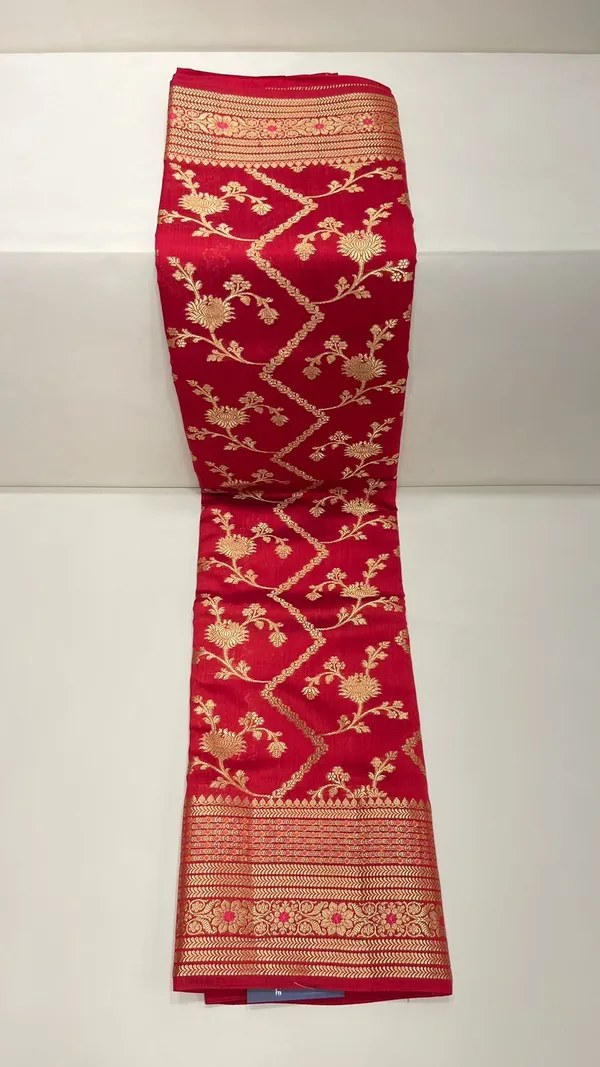 Humairah_Pure_Handwoven_Red_Chiniya_Silk_Zari_Jaal_Zig-Zag_with_Minakari_Zari_Border_Banarasi_Saree_with_Red_Blouse_piece