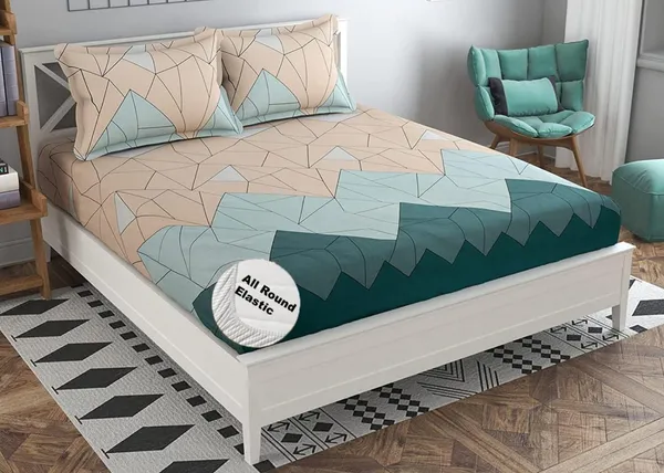 KLOTTHE_ZIGZAG_220_TC_-_Multicolour_Cotton_Elastic_Fitted_King/Queen_Size_Bedsheets_With_2_Pillow_Covers