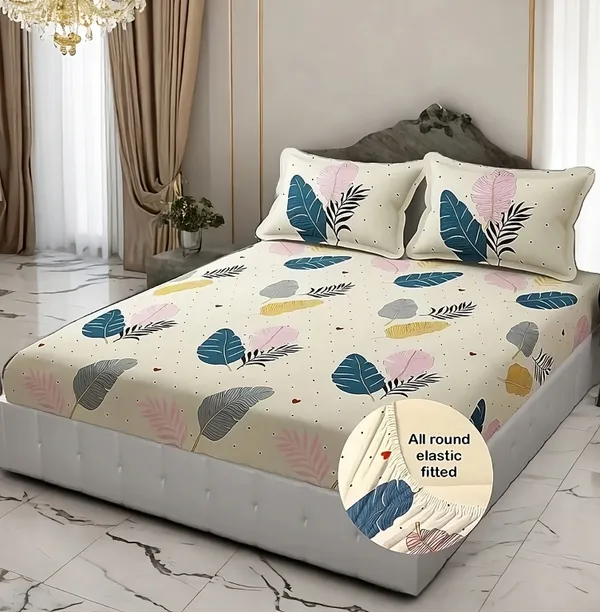 CREAM_FEATHER_Premium_Fitted_Elastic_Bedsheet_with_Two_Pillow_Covers_(72X78X_Up_to_10_Inches)_&_360_Degree_Elasticated
