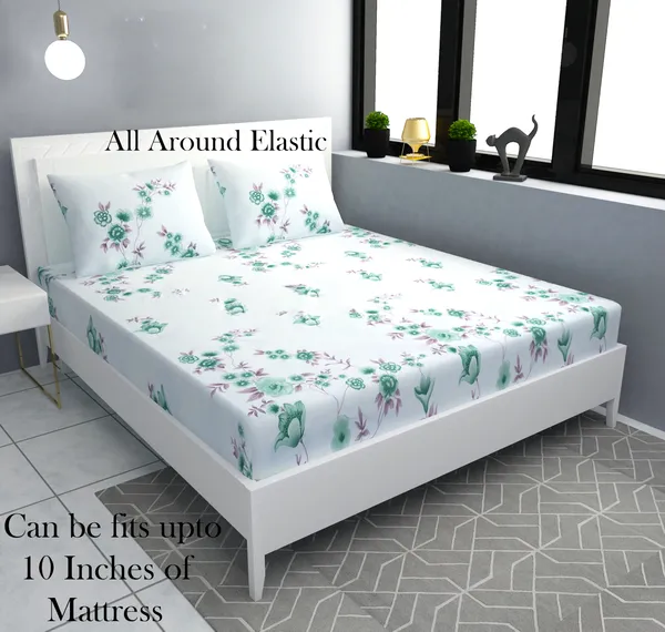 LIGHT_GREEN_Premium_Fitted_Elastic_Bedsheet_with_Two_Pillow_Covers_(72X78X_Up_to_10_Inches)_&_360_Degree_Elasticated