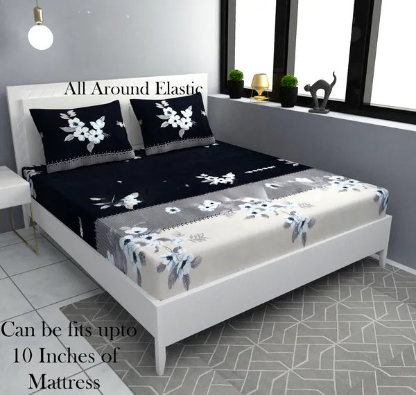BLACK_AND_GREY_Premium_Fitted_Elastic_Bedsheet_with_Two_Pillow_Covers_(72X78X_Up_to_10_Inches)_&_360_Degree_Elasticated