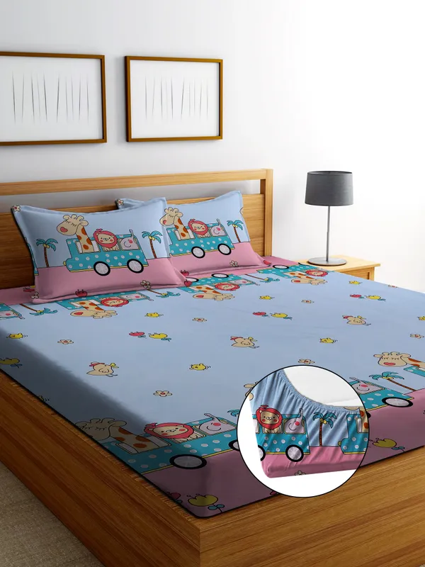 TEENZ_CAR_Premium_Fitted_Elastic_Bedsheet_with_Two_Pillow_Covers_(72X78X_Upto_10_Inches)_&_360_Degree_Elasticated