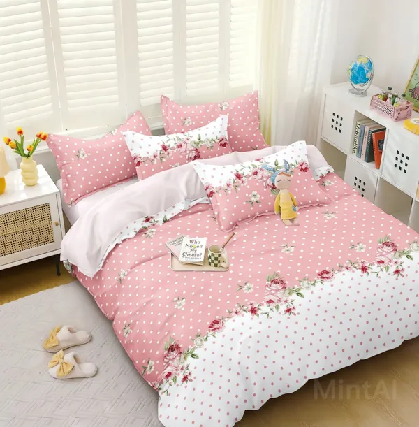 PINK_DOTTED_Premium_Fitted_Elastic_Bedsheet_with_Two_Pillow_Covers_(72X78X_Up_to_10_Inches)_&_360_Degree_Elasticated