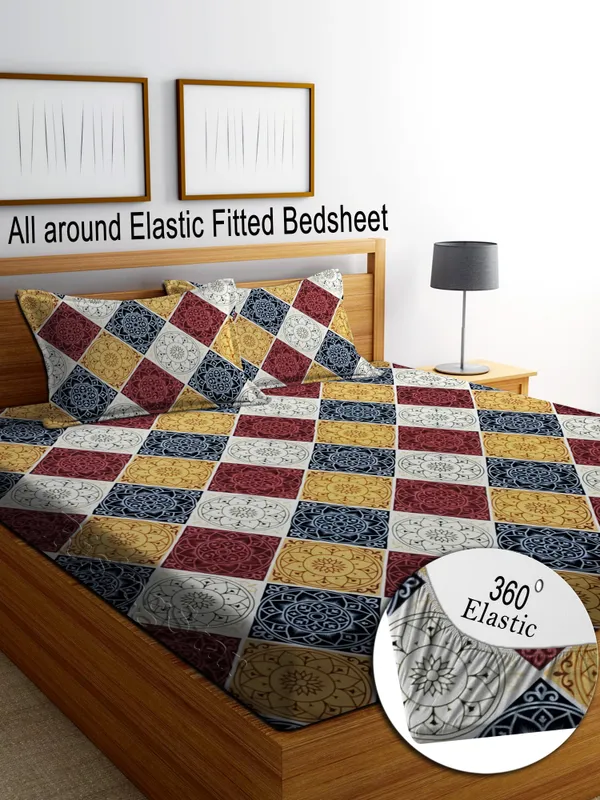 RED_DAMASSES_Premium_Fitted_Floral_Bedsheet_Multicolor_with_2_Pillow_Covers_(72X78X_Upto_10_Inches)_&_360_Degree_Elasticated