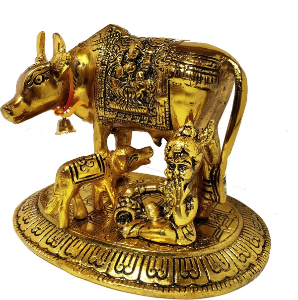 Prince_Gold_Oxidize_Metal_Good_Luck_Holy_Cow_With_Calf_Statue