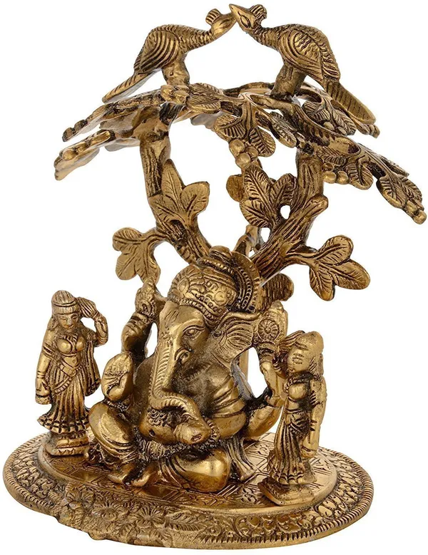 Ridhi_Sidhi_Ganesh_Sitting_Under_Tree_God_Idols_Gold_Oxidized_Finish_For_Home_Decor_Exclusive_Gift_For_Diwali