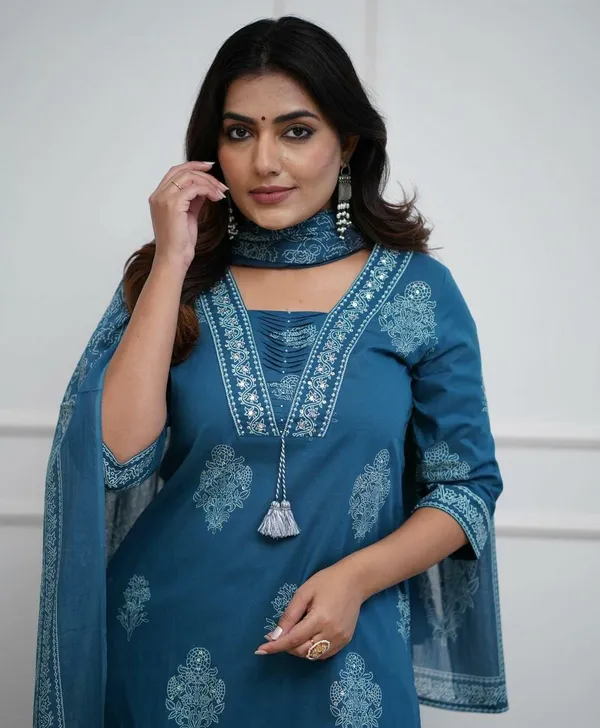 Blue_Cotton_Regular_Fit_Solid_Kurta_Pant_And_Dupatta_Set_For_Women