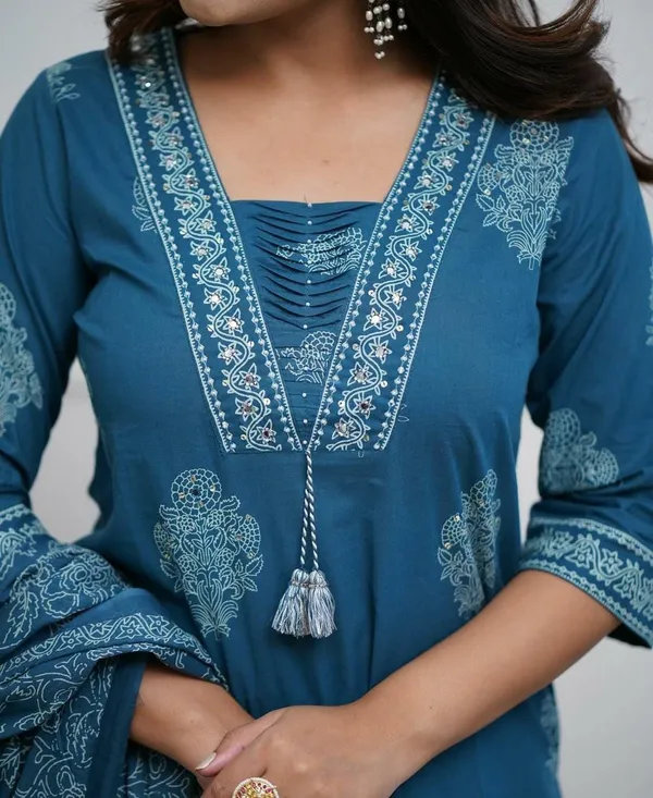 Blue_Cotton_Regular_Fit_Solid_Kurta_Pant_And_Dupatta_Set_For_Women