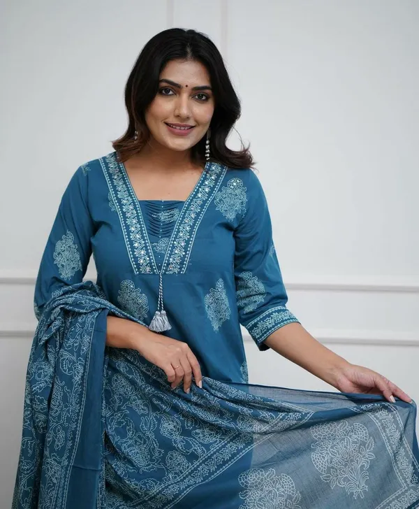 Blue_Cotton_Regular_Fit_Solid_Kurta_Pant_And_Dupatta_Set_For_Women