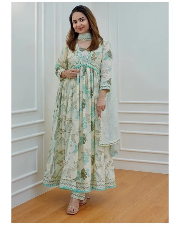 Green_Cotton_Premium_Printed_Gown_Pant_And_Dupatta_Set_For_Women