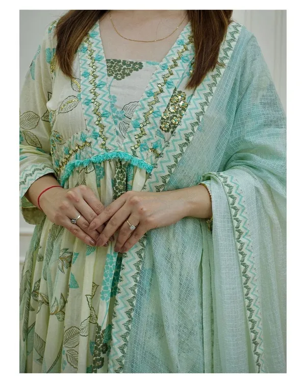 Green_Cotton_Premium_Printed_Gown_Pant_And_Dupatta_Set_For_Women