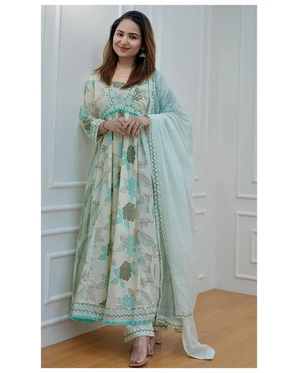 Green_Cotton_Premium_Printed_Gown_Pant_And_Dupatta_Set_For_Women