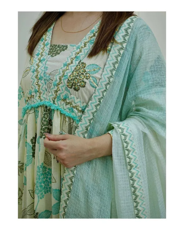 Green_Cotton_Premium_Printed_Gown_Pant_And_Dupatta_Set_For_Women