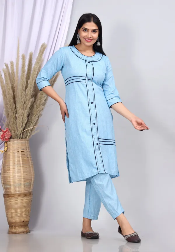 Sky_Blue_Khadi_Cotton_Printed_Casual_Wear_Kurta_&_Pant_For_Women