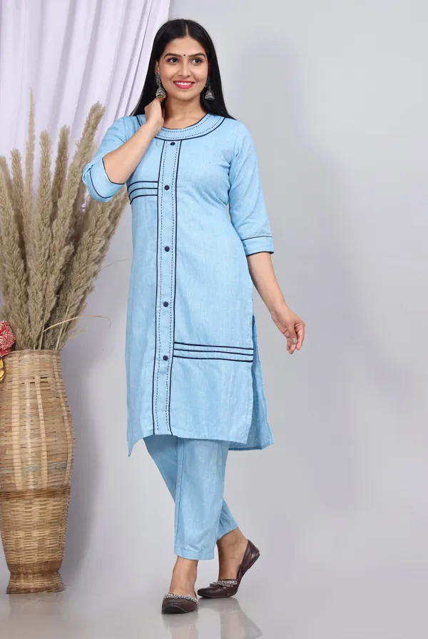 Sky_Blue_Khadi_Cotton_Printed_Casual_Wear_Kurta_&_Pant_For_Women